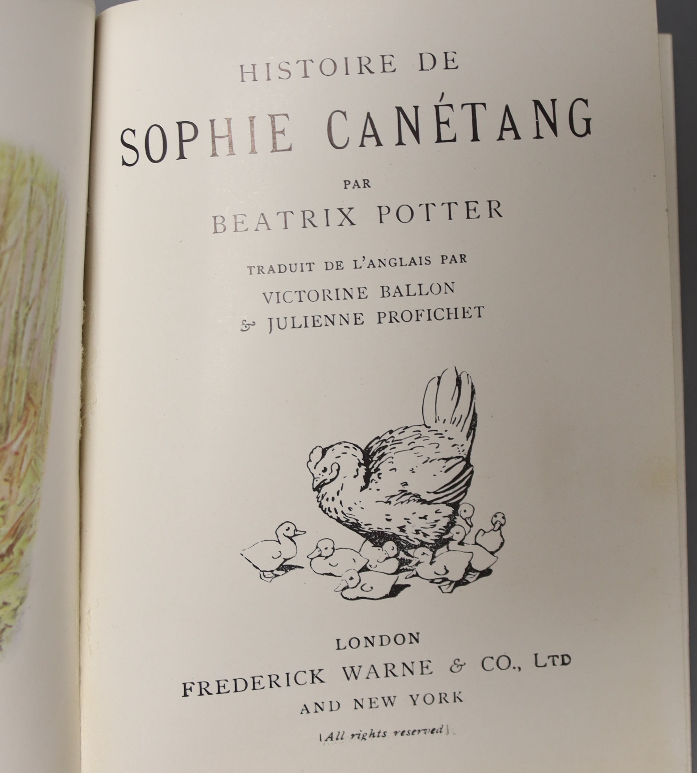 Potter, Beatrix, seven early foreign language editions, French 'La Famille Flopsaut', 'Sophie Canetang', Le Tailleur De Gloucester', 'Toto le Minet' and 'Noisy-Noisette together with German 'Die Geschichte Von Frau Tiggy